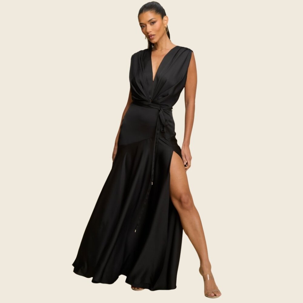 NWT Black Satin Wrap Maxi Dress w/ High Slit – Elegant Evening Gown (Large)